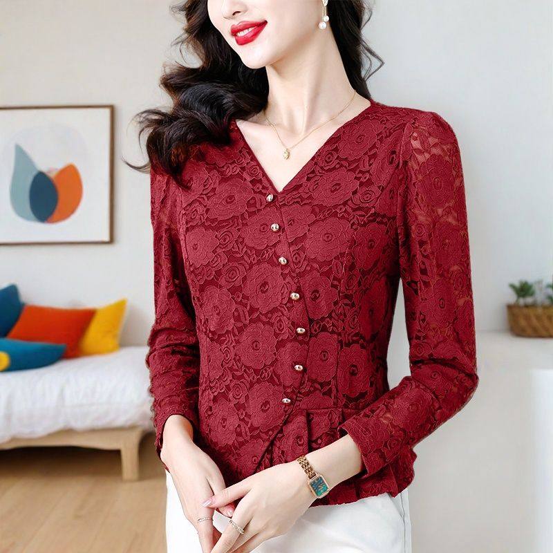 时尚V领蕾丝长袖t恤女内搭2026秋季新款洋气减龄上衣设计感打底衫,女装/女士精品,蕾丝衫/雪纺衫,淘宝优惠券,粉丝福利购,淘宝优惠卷