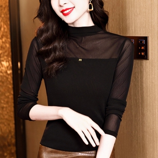 半高领网纱打底衫女内搭秋季2026新款长袖t恤洋气小衫蕾丝上衣潮