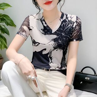 时尚休闲印花百搭上衣网纱短袖小衫女2026夏装爆款薄款半袖体恤潮