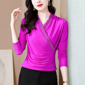 显瘦网纱打底衫 洋气修身 上衣 t恤女设计感小众秋冬新款 交叉领长袖