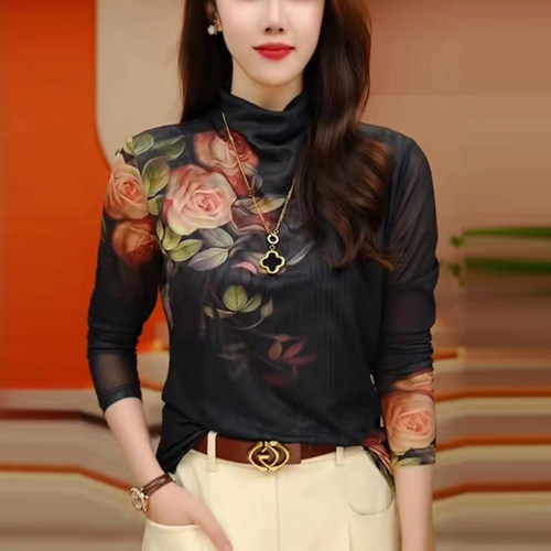 高领网纱打底衫女秋冬新款妈妈洋气时髦内搭小衫印花长袖t恤上衣
