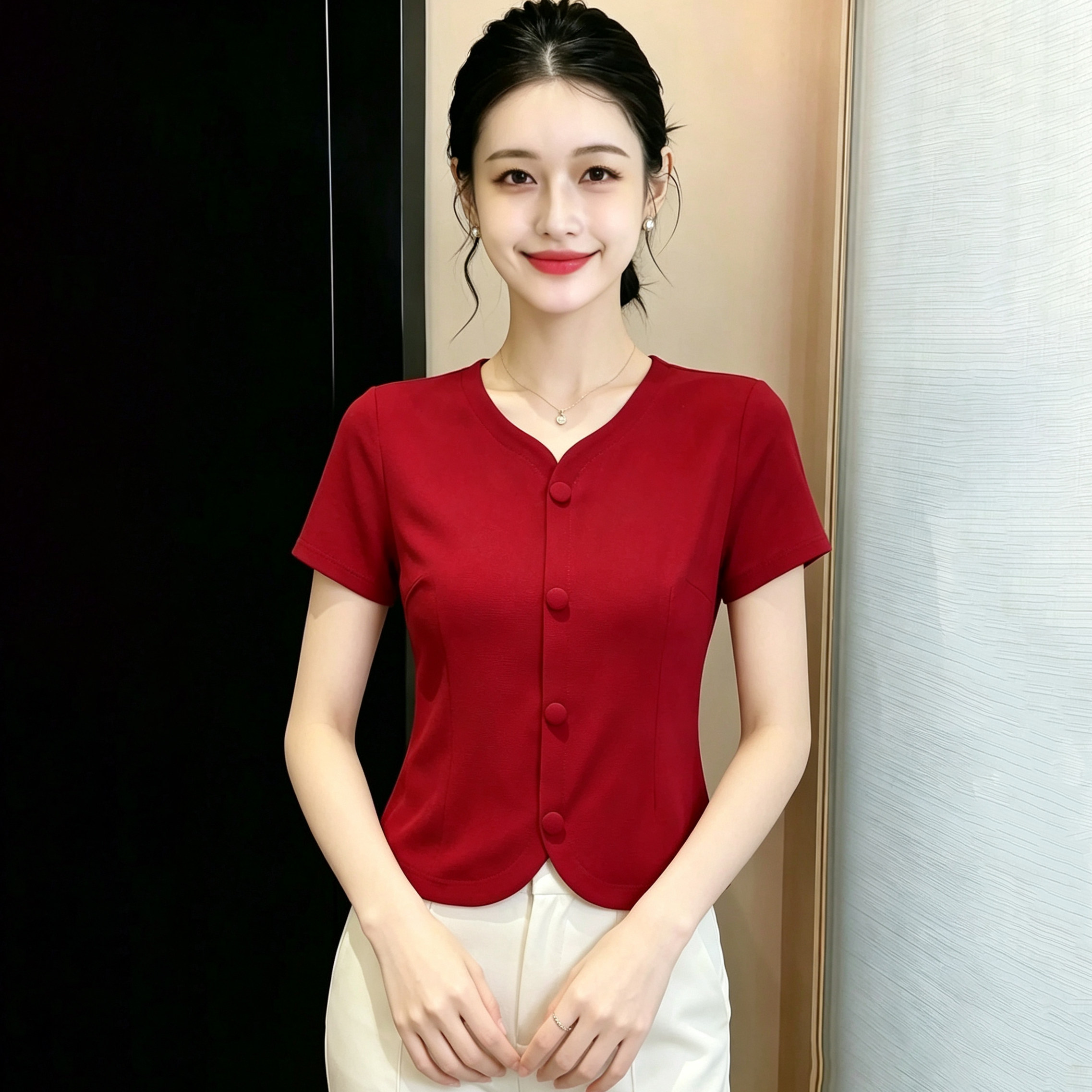 2026时尚简约V领正肩短袖t恤女夏季新款温柔气质显瘦遮肉百搭上衣