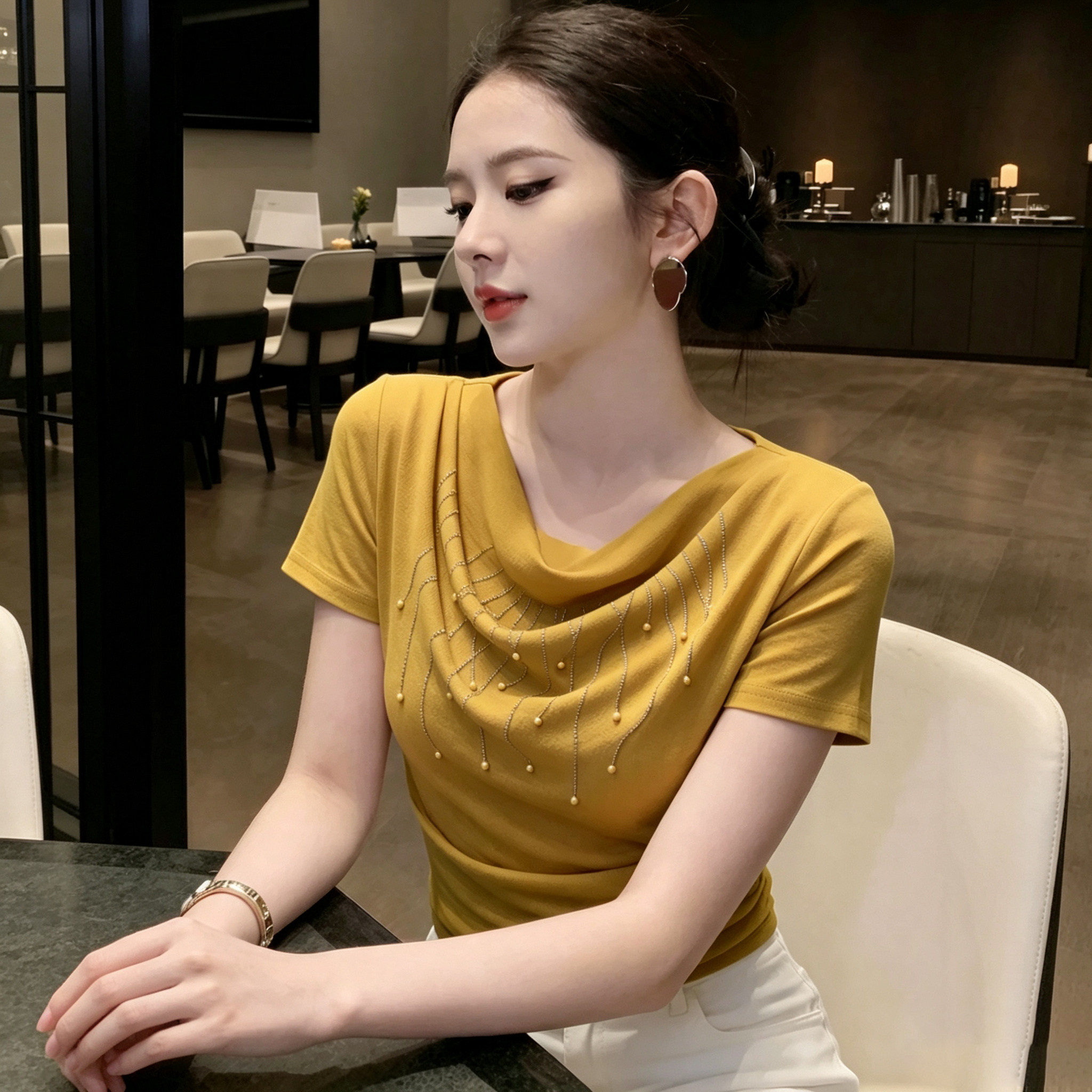 精美钉珠设计感荡领网纱T桖女2026优雅减龄百搭显瘦气质短袖上衣