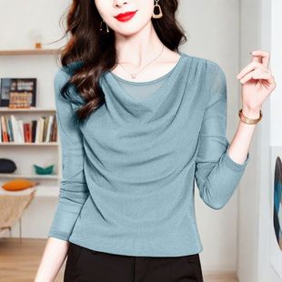 2026年秋季新款蕾丝打底衫女高级感亮丝网纱长袖t恤遮肚显瘦上衣