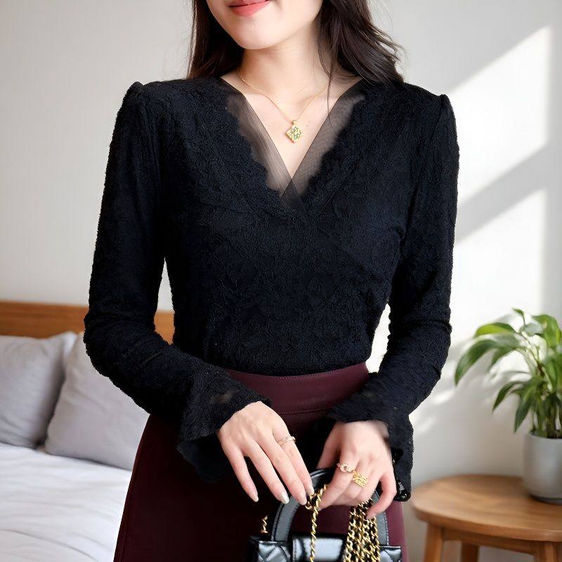 纯欲性感V领蕾丝长袖T恤女2026春秋新款纯色喇叭袖上衣洋气小衫,女装/女士精品,蕾丝衫/雪纺衫,淘宝优惠券,粉丝福利购,淘宝优惠卷