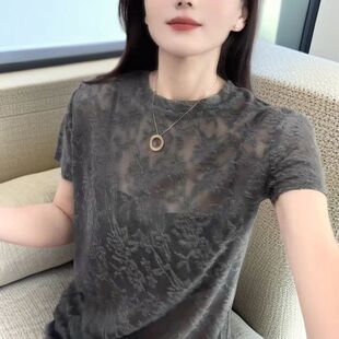 微透提花蕾丝短袖t恤女2026夏季新款性感薄款针织上衣女人味小衫