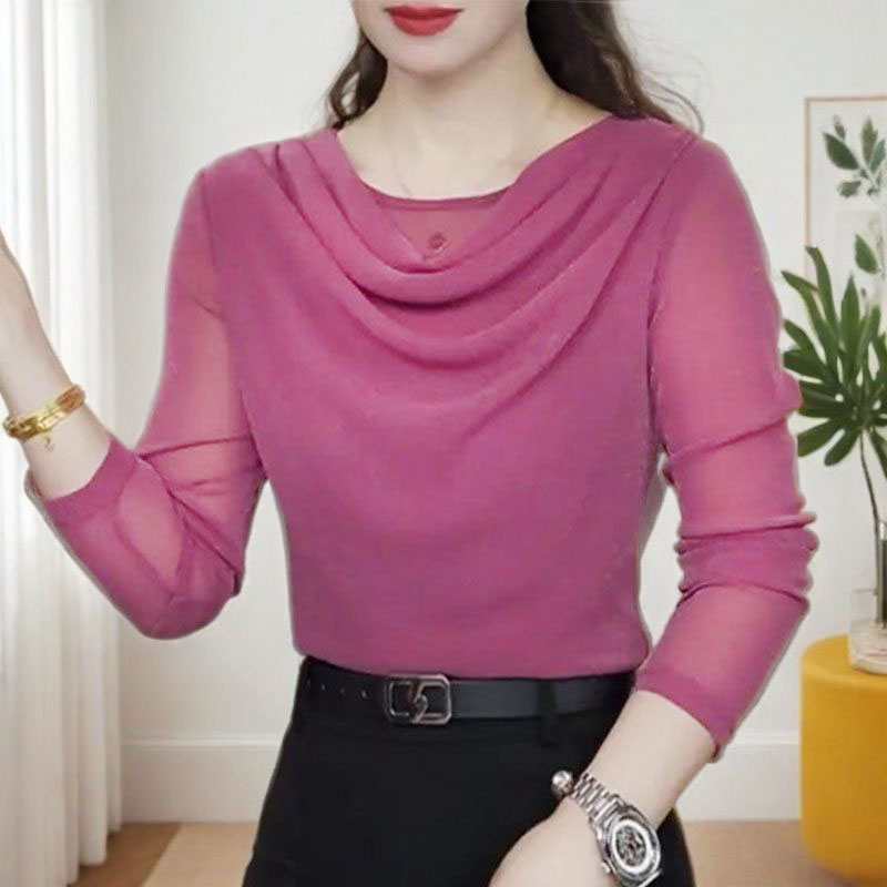 堆堆领网纱长袖打底衫女2025秋季新款内搭蕾丝t恤小衫高级感上衣