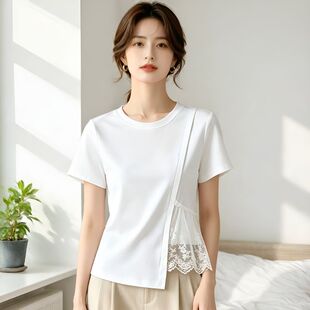 胖mm遮肚子不规则上衣短袖T恤女款2026夏装下摆蕾丝拼接绝美小衫