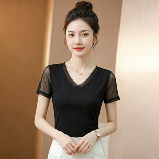 性感V领网纱短袖t恤女夏季2026年新款休闲显瘦百搭优雅气质上衣女