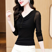 黑色长袖 内搭洋气蕾丝小衫 t恤女上衣 女秋冬新款 镶珠v领网纱打底衫