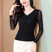 上衣高级感小衫 V领网纱黑色打底衫 薄款 T恤2026新款 女春秋内搭长袖