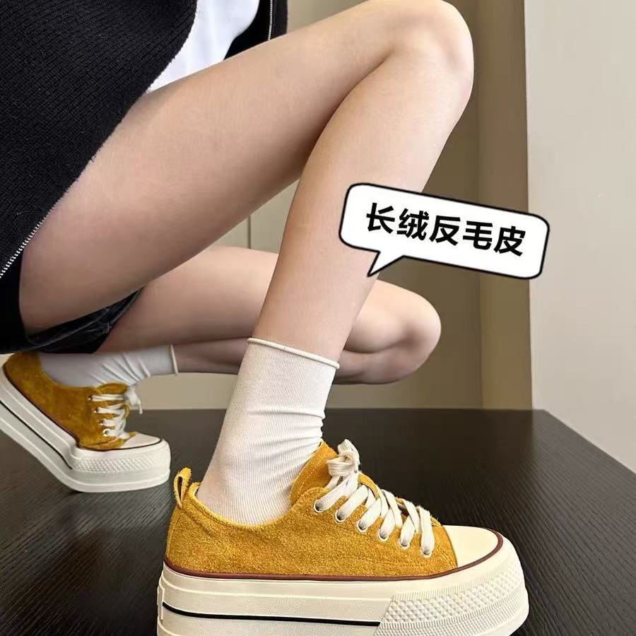 714推荐~翻毛皮牛皮厚底鞋女复古板鞋ins增高软底休闲鞋单鞋