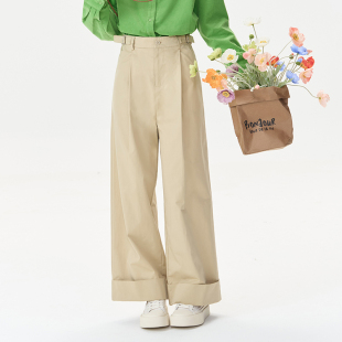 精分 浅卡其侧腰带可调节高腰松紧腰宽边直筒休闲裤