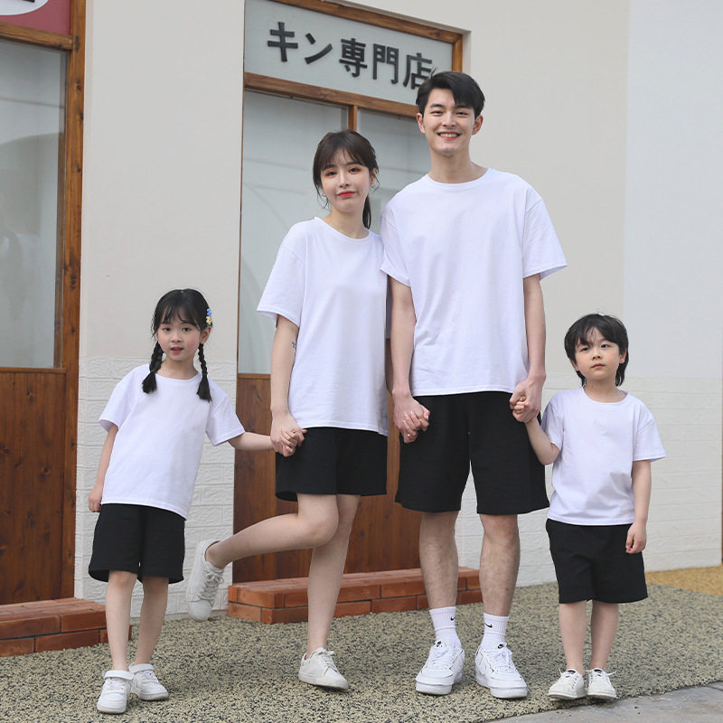 亲子套装男女童一家三四口纯棉短裤休闲百搭纯色母女父子短袖Tt恤