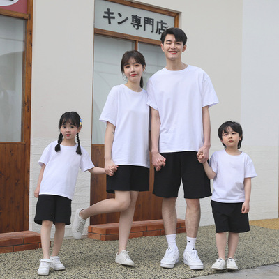 大码亲子套装男童一家三四口纯棉短裤休闲百搭纯色短袖t恤父子装