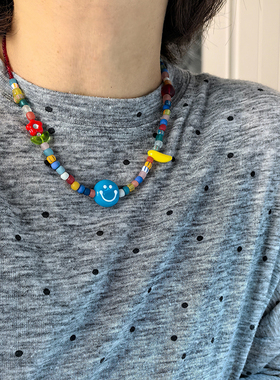 花糖｜小众蓝色笑脸好心情花朵清新项链混搭琉璃马卡龙色系