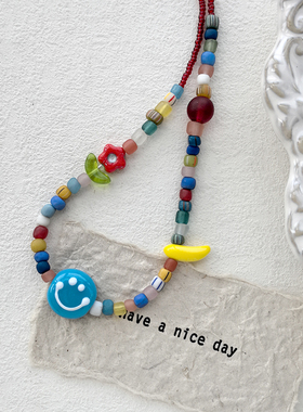花糖｜小众蓝色笑脸好心情花朵清新项链混搭琉璃马卡龙色系