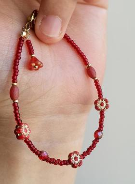 花糖｜春节红描金小花喜气捷克琉璃2mm细款串珠手链首饰