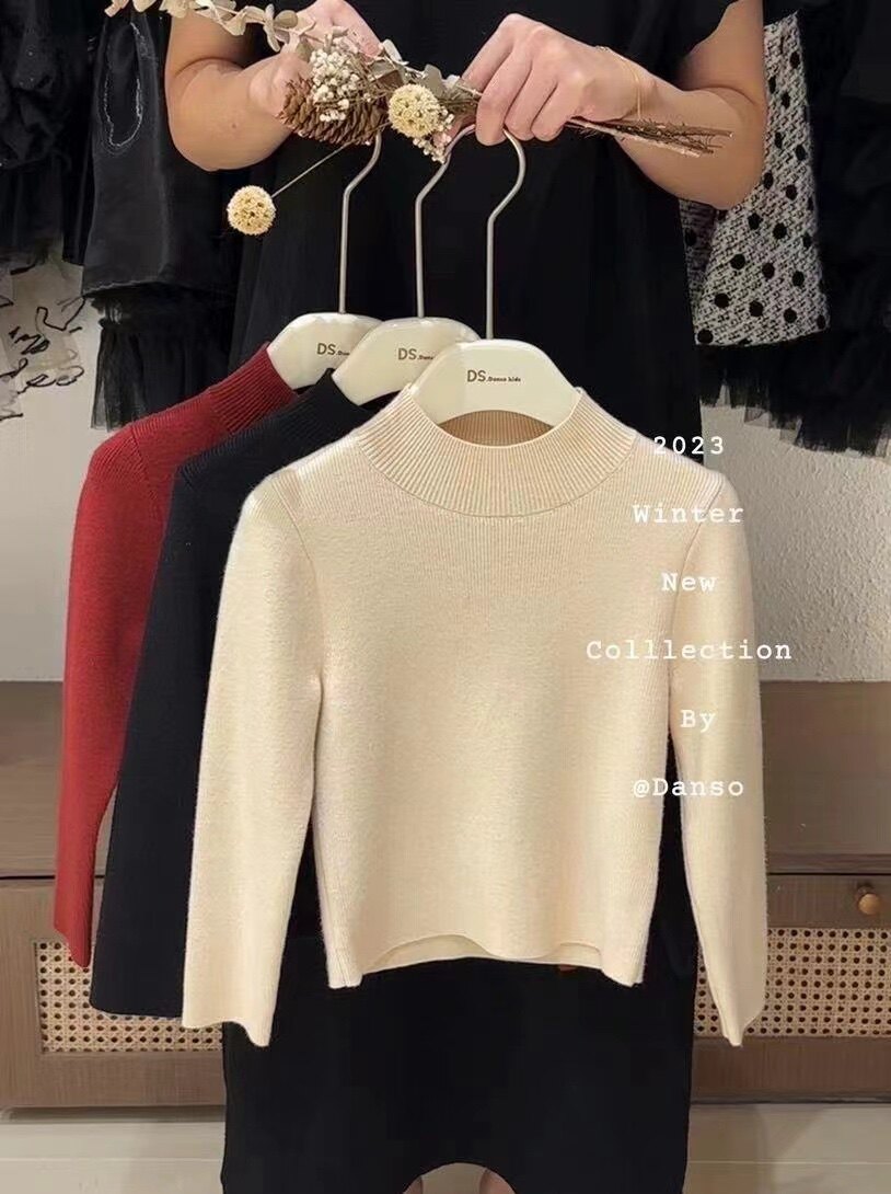 Ds冬款毛衣女童针织打底衫小高领套头针织衫百搭毛衣打底杏色圆领