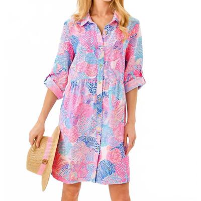 代购Lilly Pulitzer女士连衣裙显瘦舒适印花长袖度假夏季衬衫裙