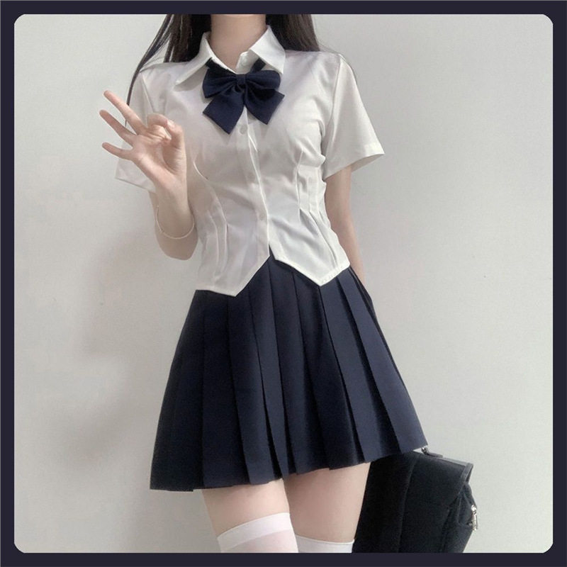 甜辣妹JK裙套装纯欲学院风制服女夏季小个子收腰修身法式短袖衬衫