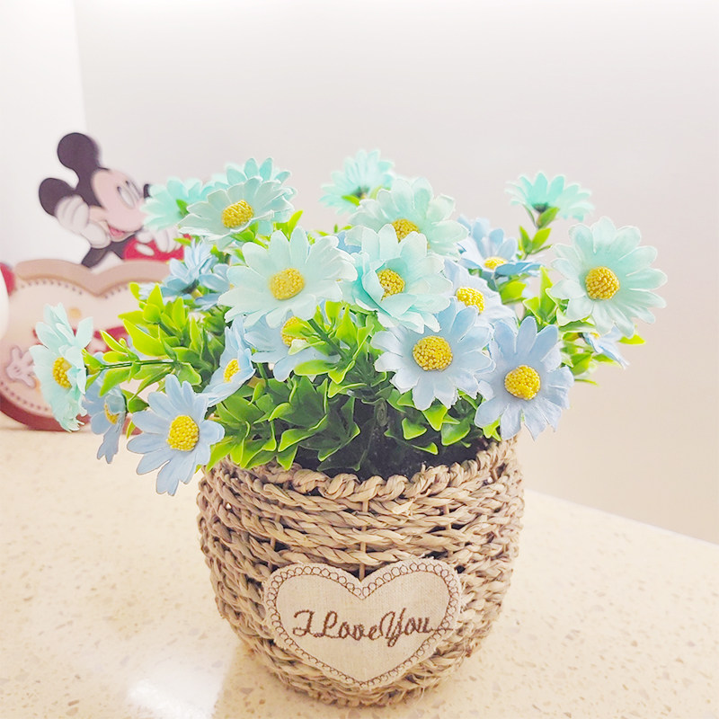 手工编织草编花篮仿真小雏菊水草菊假花盆栽客厅餐厅装饰田园摆件