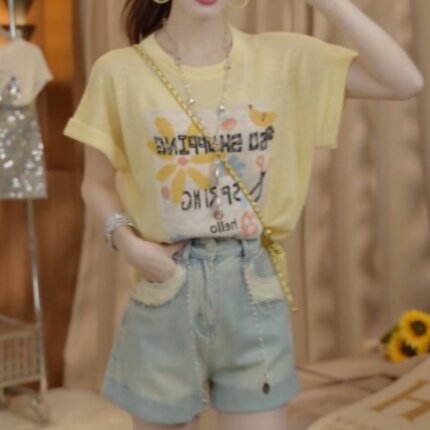 夏季套装女2025新款时尚字母印花薄款短袖t恤链条牛仔短裤两件套