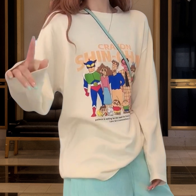 【蜡笔全家福】圆领T恤女2025新款爆款白色宽松长袖外套早秋上衣