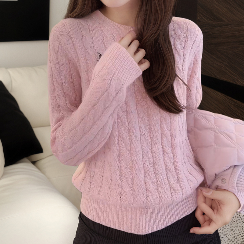 慵懒风粉色麻花套头毛衣女冬季叠穿高知miu系上衣气质圆领针织衫