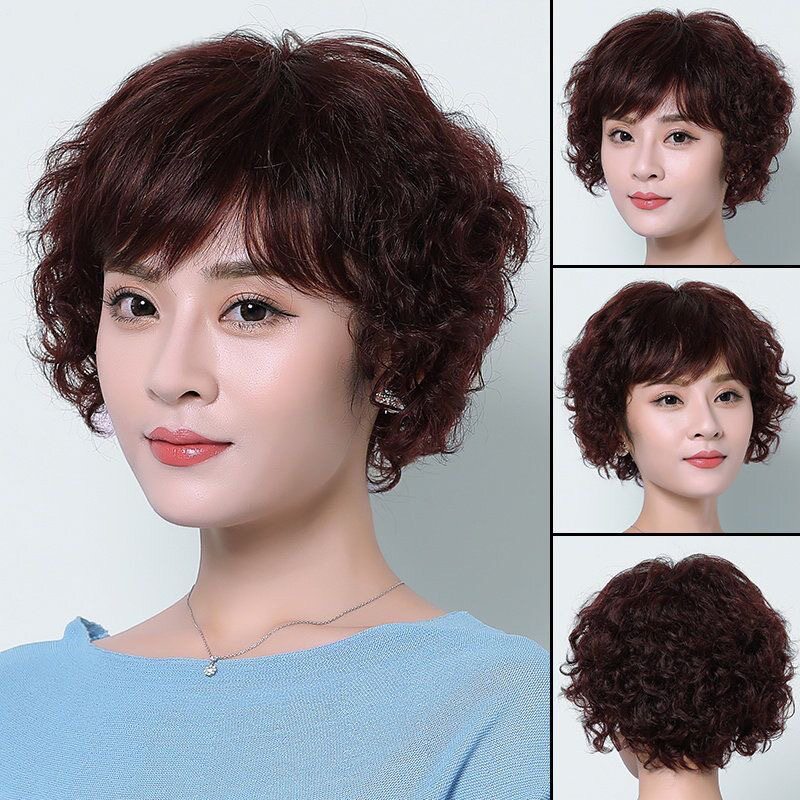 真人发丝短卷发假发中老年妈妈款