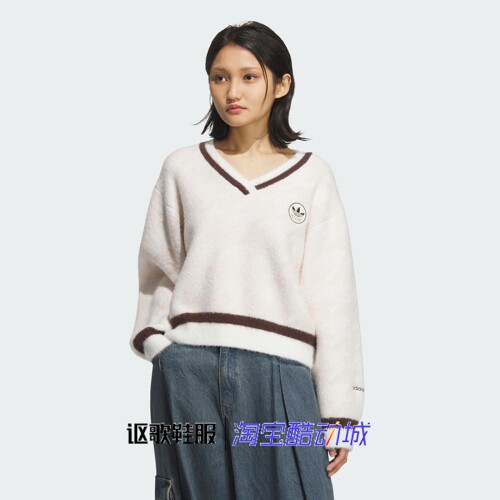 阿迪达斯三叶草女子复古V领毛衣
