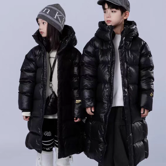 儿童羽绒服新款韩版男童女童中大童黑金外套长款过膝加厚连帽童装