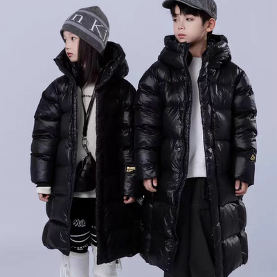 儿童羽绒服新款韩版男童女童中大童黑金外套长款过膝加厚连帽童装
