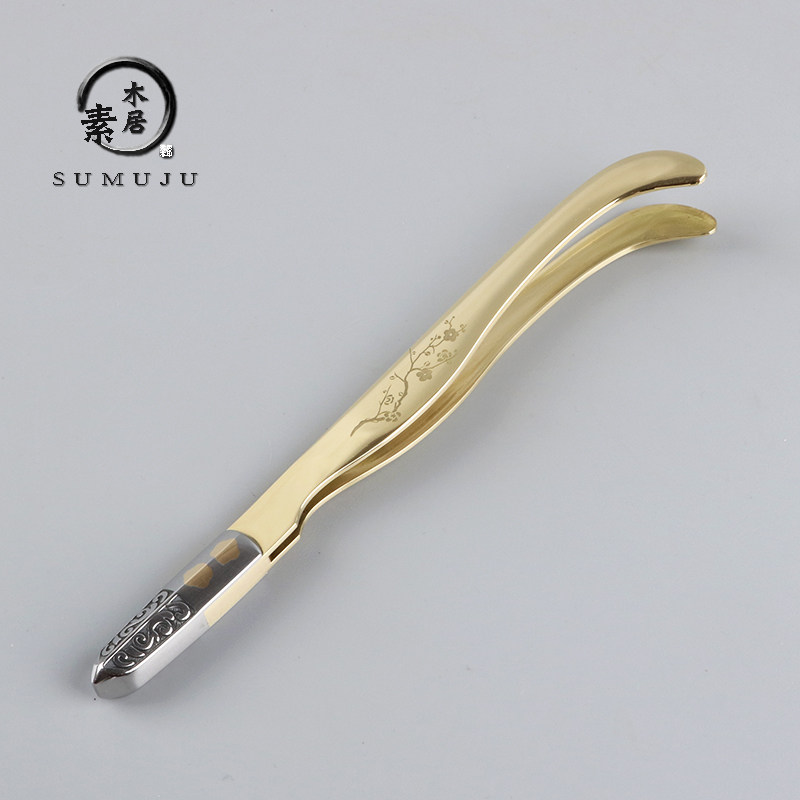 包邮盾牌纯铜雕花茶夹铜制精品