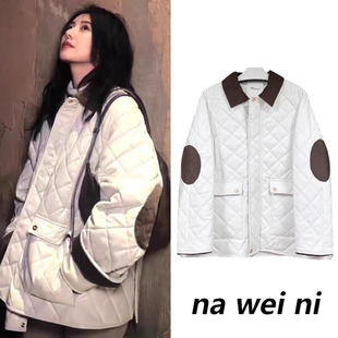 高圆圆明星同款白色菱格棉服女秋冬2024新款翻领轻薄宽松棉衣外套
