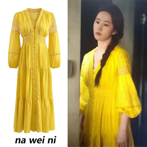刘亦菲同款中袖V领黄色连衣裙女