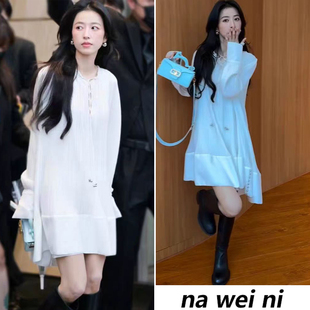 春色寄情人周雨彤同款法式白色花苞裙女夏压褶大摆型荷叶边连衣裙