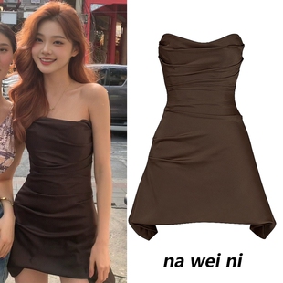 易梦玲同款连衣裙女裹胸鱼骨抹胸纯欲一字肩礼服辣妹性感A字短裙