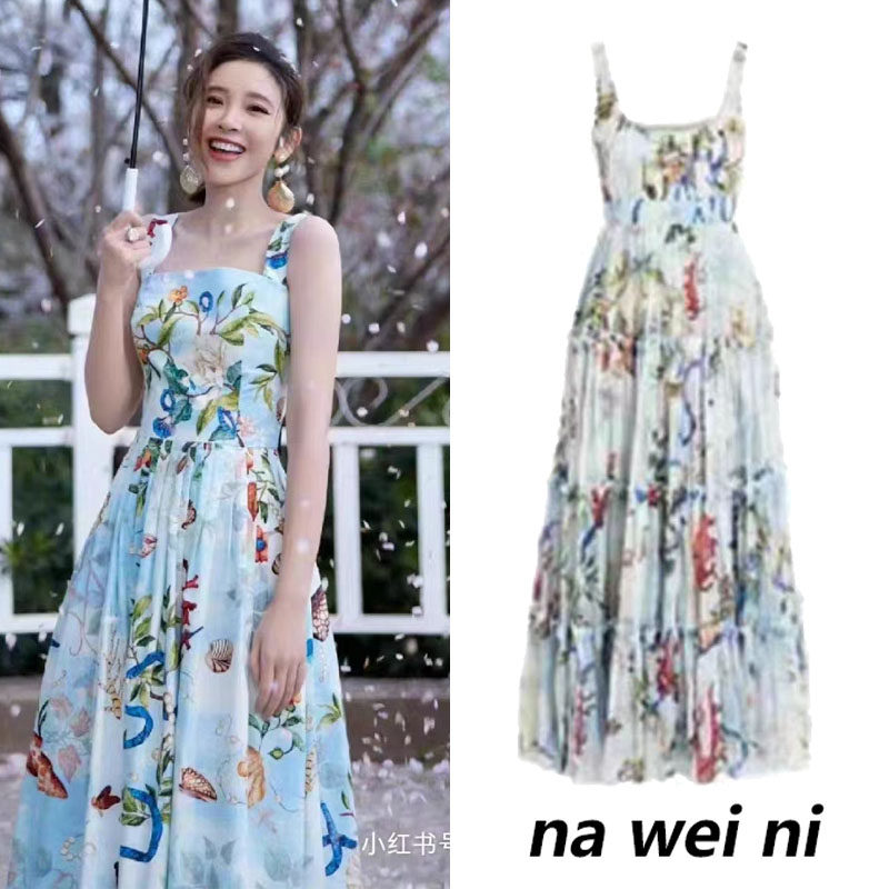 唐艺昕明星同款复古碎花吊带连衣裙女夏季2024新款度假风收腰裙子
