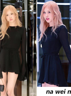 朴彩英rose同款黑色真丝雪纺修身露背短裙喇叭袖连衣裙女夏季裙子