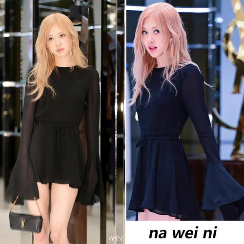 朴彩英rose同款露背黑色连衣裙女