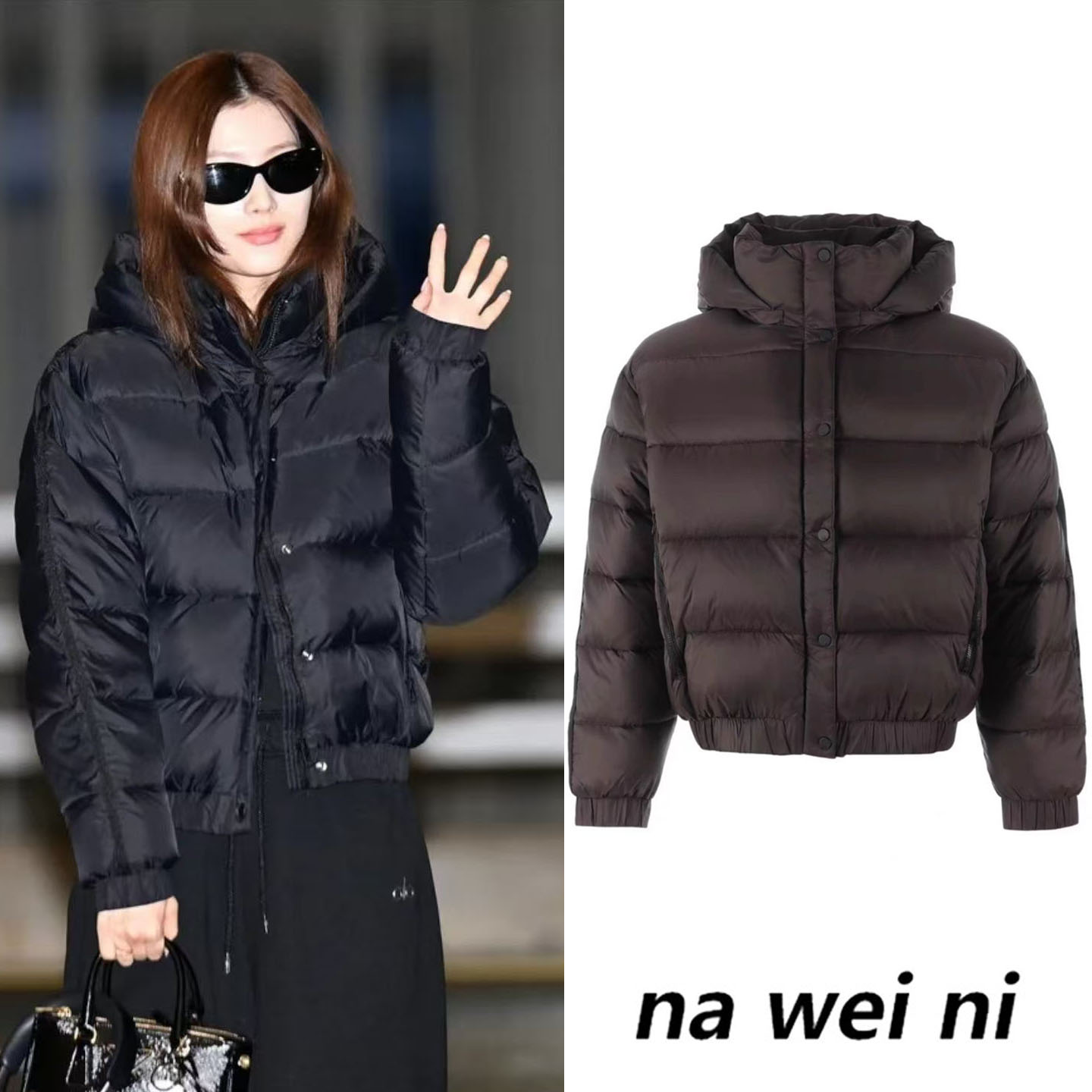 Sana同款黑色短款连帽棉服外套女