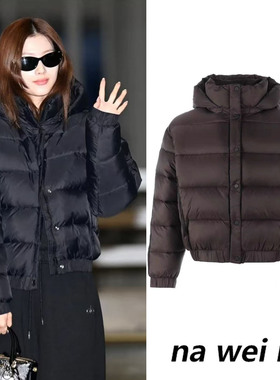 Sana同款黑色纯色短款连帽棉服外套女2025秋冬新款宽松百搭上衣