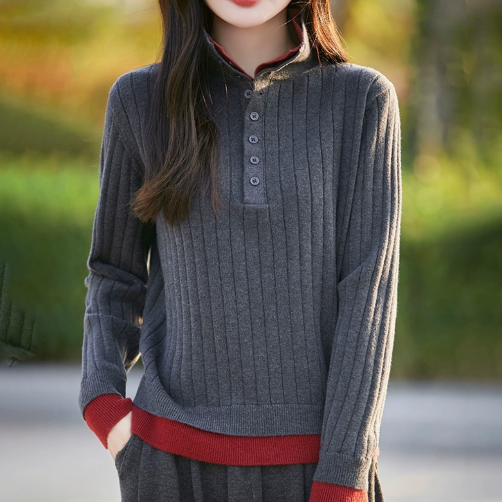 假两件半开领毛衣加厚针织打底衫
