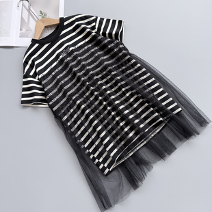 连衣裙夏季 120 女童短袖 小女孩休闲条纹慵懒上衣T裙宽松 170