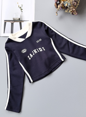 110-160 早安* 女童短款上衣春季小女孩潮酷辣妹长袖T恤运动显瘦