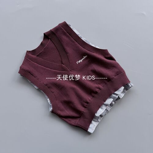 120-160 IT* 女童毛衣马甲春秋季小女孩洋气V领针织背心花边上衣