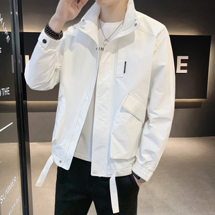 2024新款白色外套男春秋季宽松帅气立领薄款工装夹克学生潮牌春装