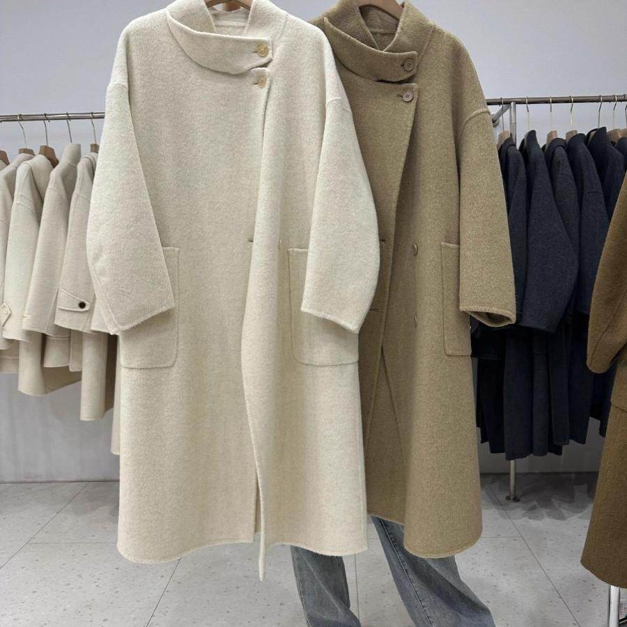 韩版宽松立领高级感羊毛呢外套女2024秋冬新款中长款双面羊绒大衣