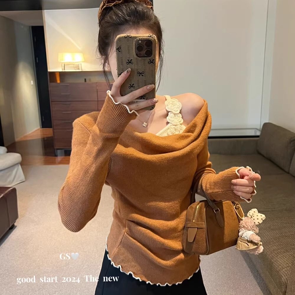 立体花朵露肩荡领褶皱长袖针织衫